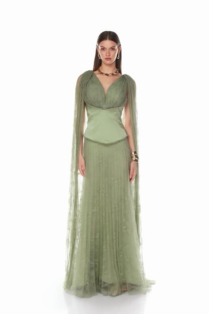 Mint Dantel Pelerinli Abiye Elbise